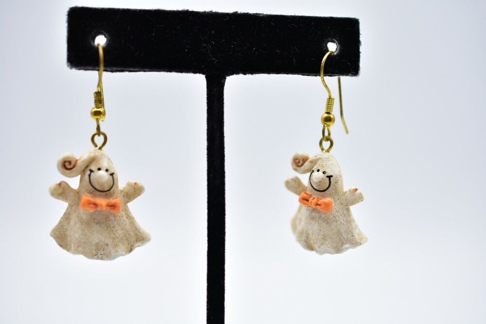 Vintage Halloween Earrings White Ghost Orange Bow Dangle Spooky Cute 1990s Bin5